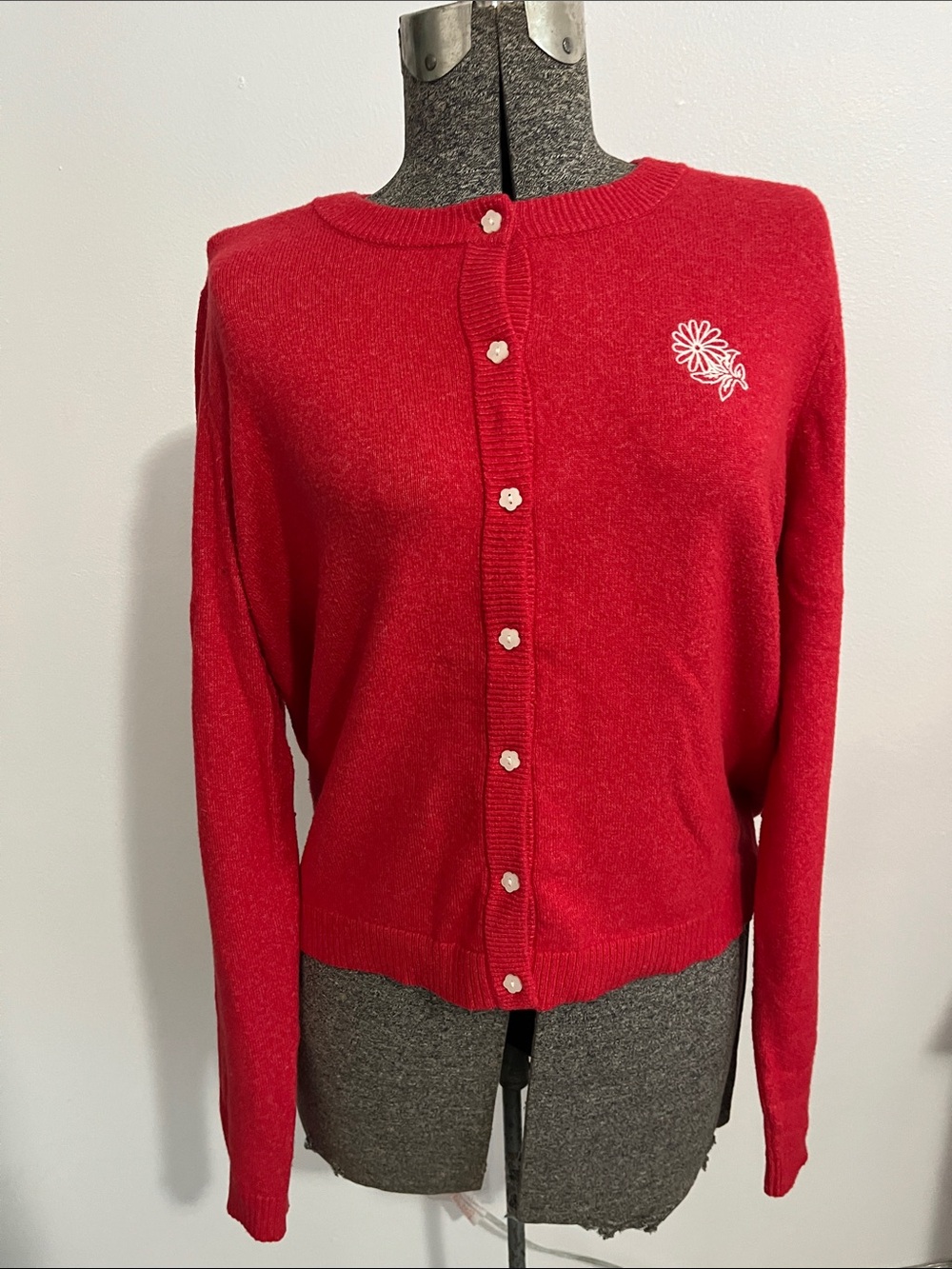 American Eagle Outfitters Red Crewneck Button Cardigan with Daisy Embroidery